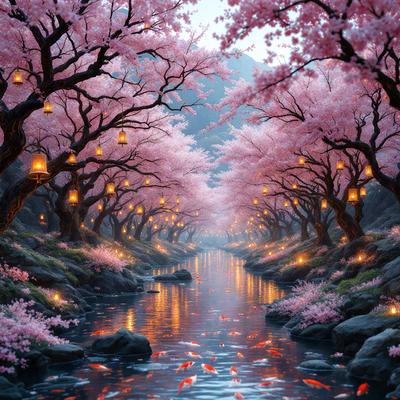 The primary subject of the image is a beautifully lit pathway surrounded by trees filled with pink flowers. The setting is a serene, picturesque landscape with a river flowing through it. The visual style is a combination of digital art and illustration, creating a vibrant and lively atmosphere. The dominant colors are pink and purple, which evoke a sense of tranquility and romance.